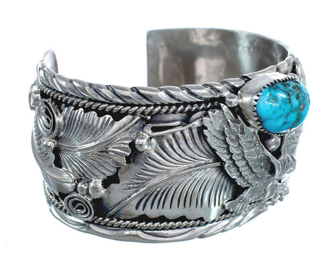 Turquoise Navajo Authentic Sterling Silver Eagle Leaf Cuff Bracelet AX124828